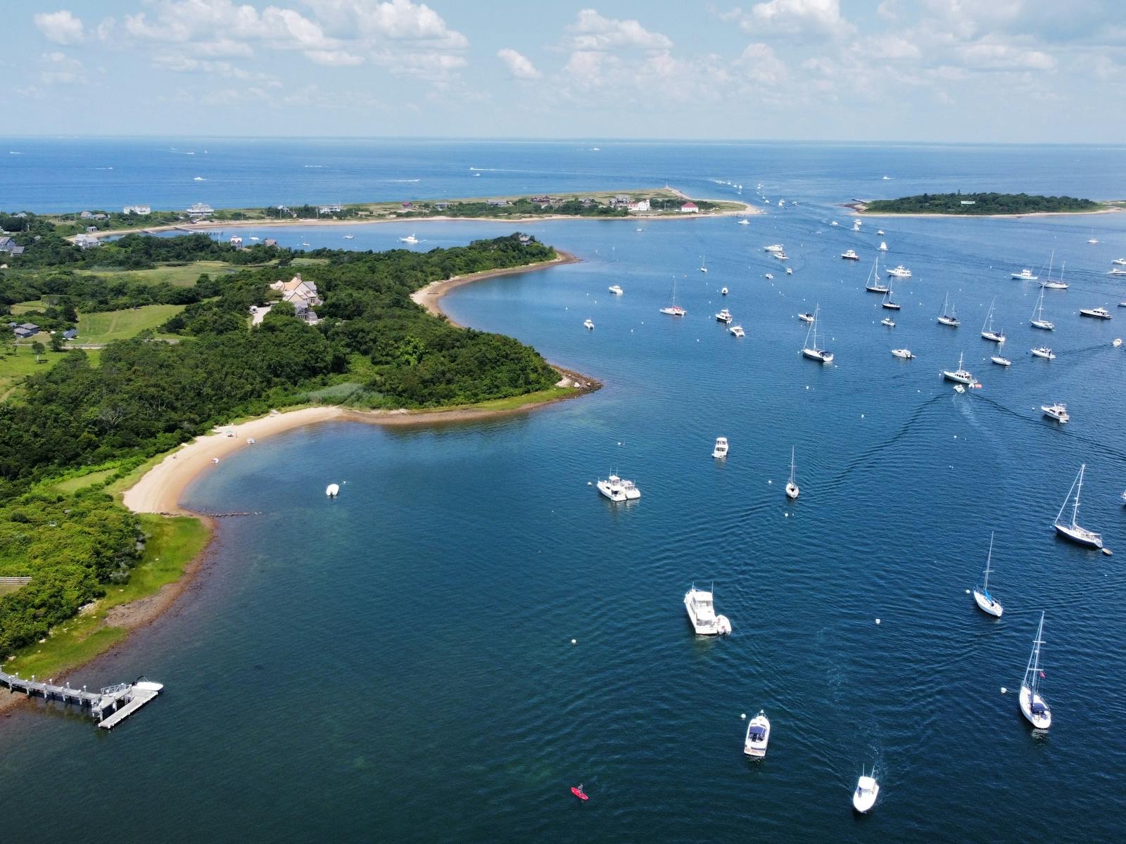 Aerial view of boats and shoreline around Block Island harbor