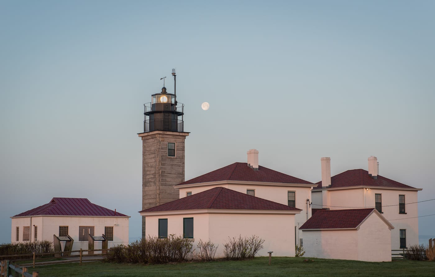 Beavertail Lighthouse near the water in Jamestown, Rhode Island
