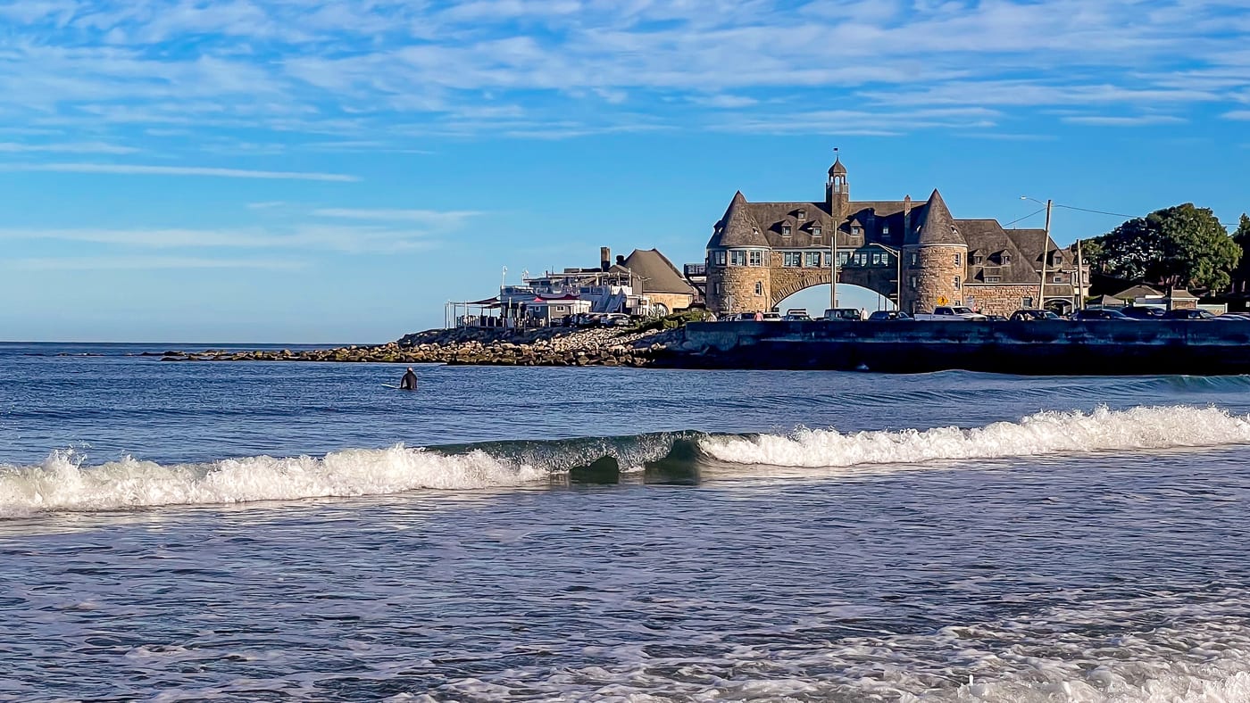 Narragansett Town Beach and shoreline buildings in Rhode Island