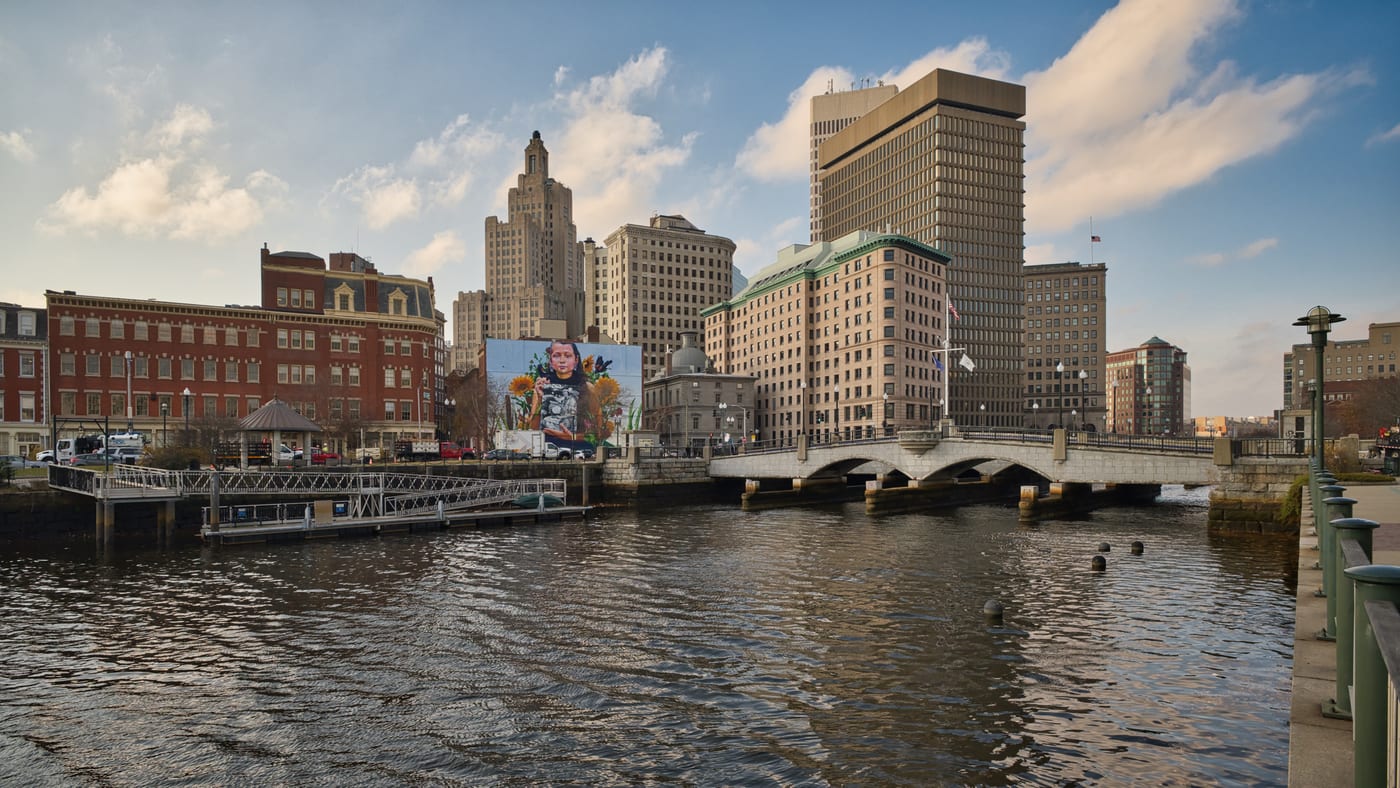 Downtown Providence buildings and riverfront water in Rhode Island