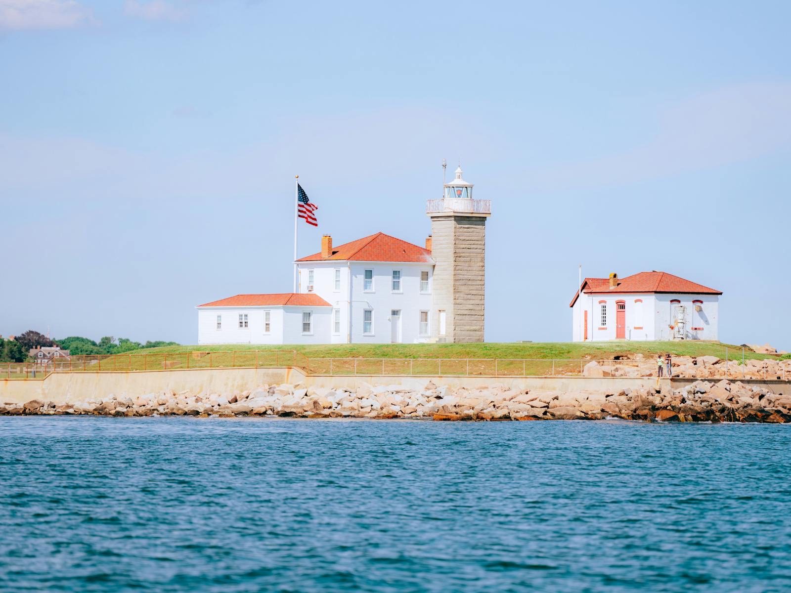 Watch Hill Lighthouse on a clear Rhode Island coastal day